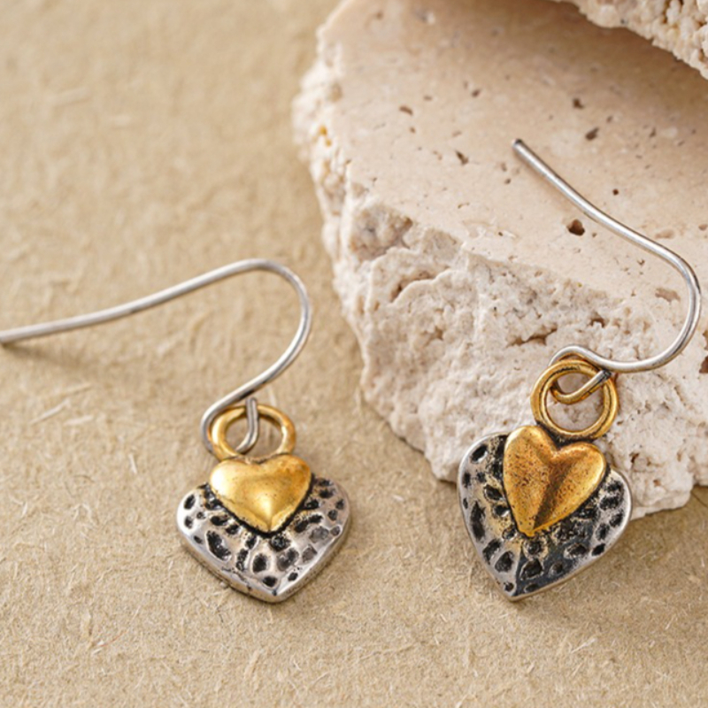 Vintage Two-Tone Heart Dangle Earrings for Women